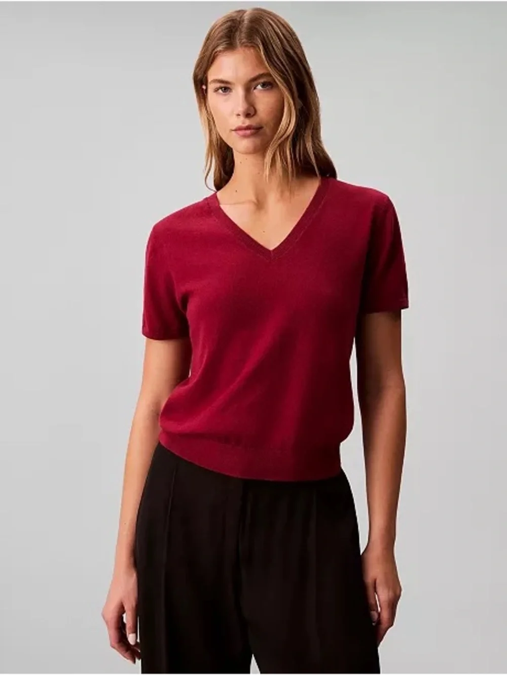 Calvin Klein Short Sleeve V-Neck Knit Top in Taupe Brown